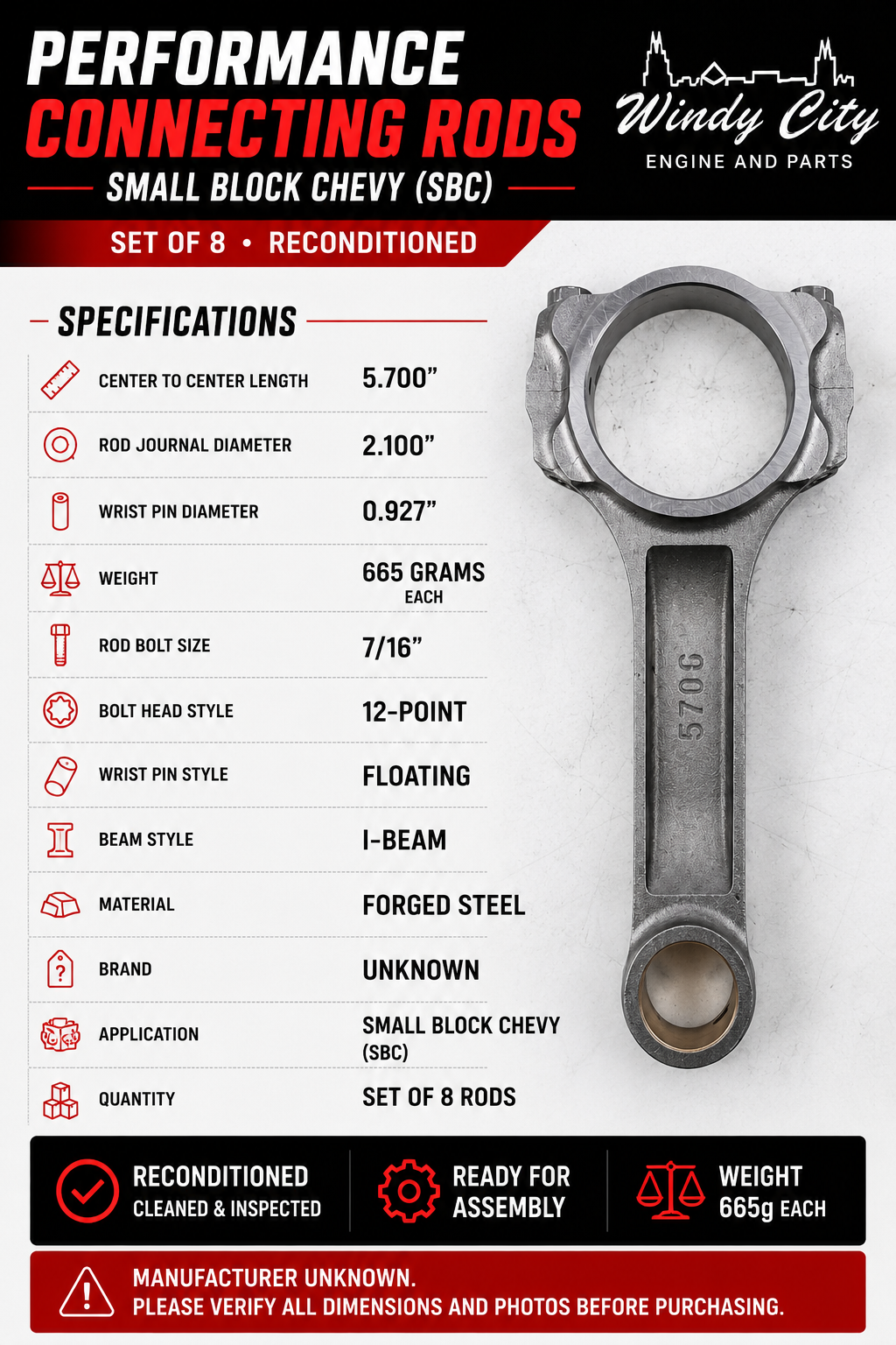 SBC 350 Chevy Reconditioned 5.700" I-Beam Performance Connecting Rods 7/16 Bolts