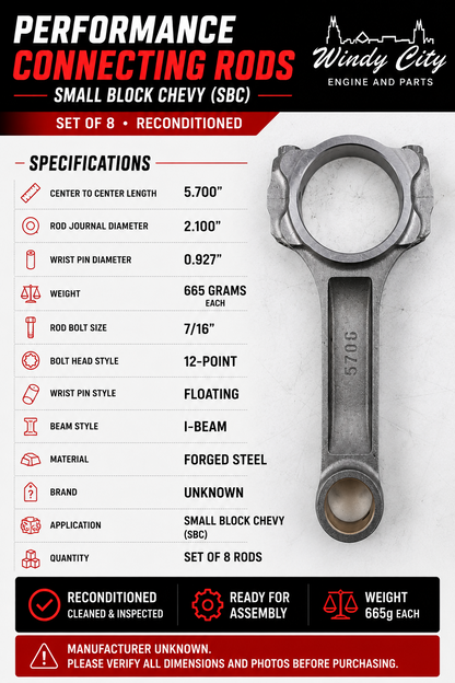SBC 350 Chevy Reconditioned 5.700" I-Beam Performance Connecting Rods 7/16 Bolts