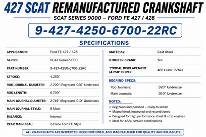 SCAT 427 Ford FE Engine Remanufactured Crankshaft 9-427-4250-6700-22RC