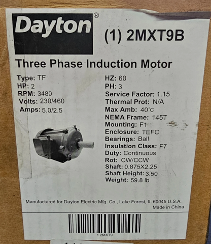 Dayton 2MXT9B 2 HP 3450 RPM 230/460V 3-Phase Induction Motor